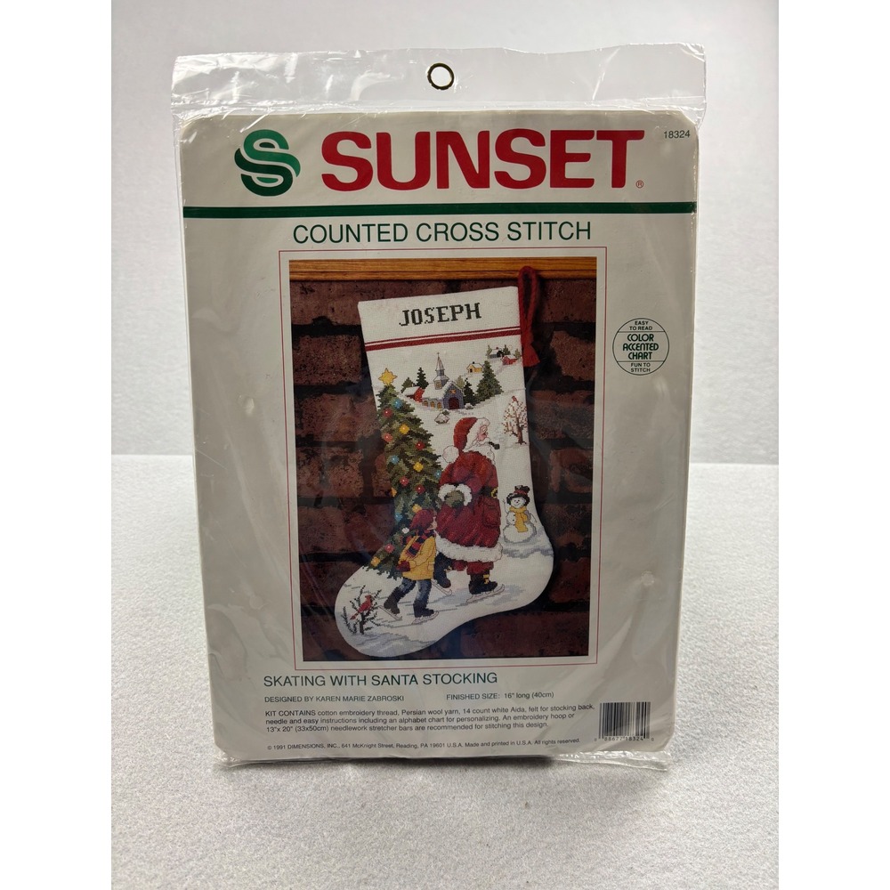 Vintage 1991 Sunset Skating With Santa Cross Stitch Stocking Kit 18324
